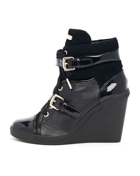 michael michael kors skid leather wedge bootie black|Michael Kors suede wedge boots.